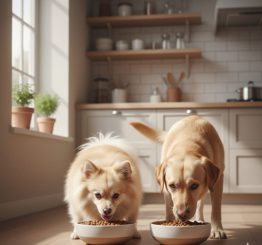 healthy happy dogs eating balanced pet diet