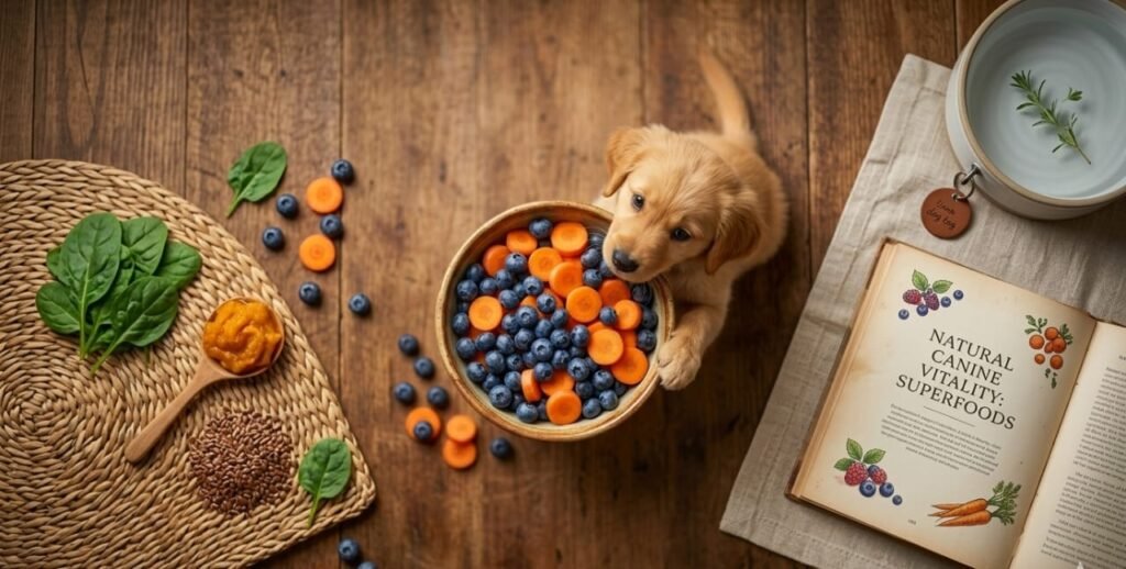 Exploring fresh natural dog superfood for immunity like blueberries and carrots for a healthy pet diet