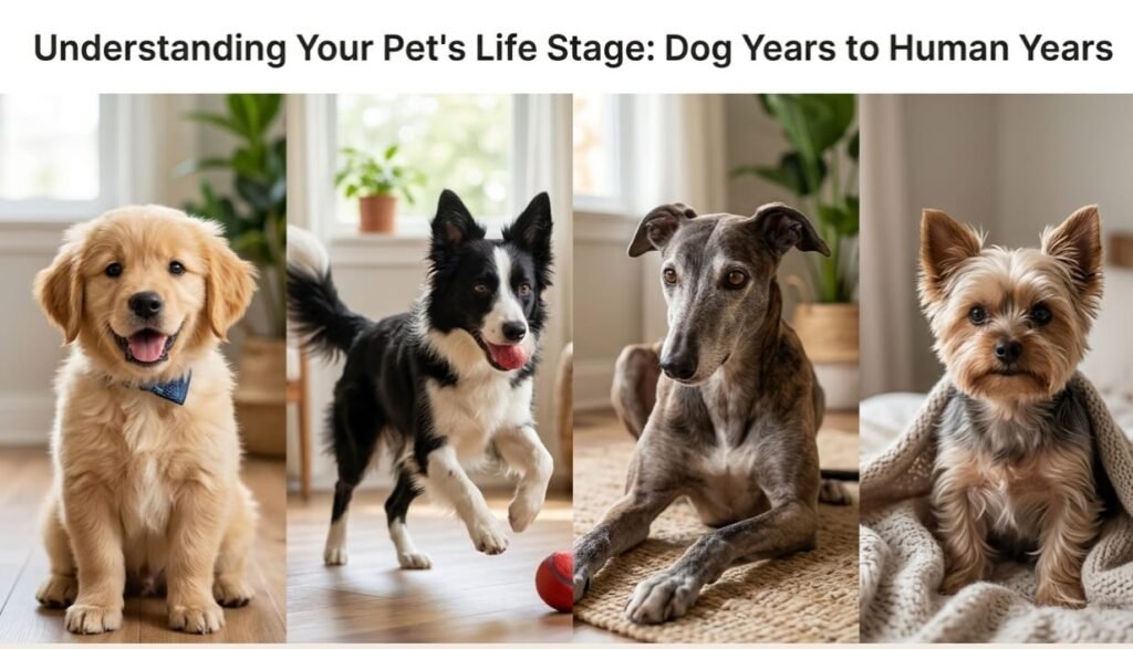 A beautiful horizontal photographic collage showcasing the distinct life stages of a dog representing its life journey towards a healthy pet diet for dogs.