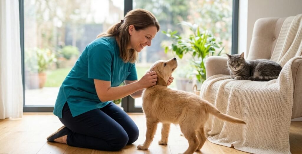 Photographic portrait of a pet caregiver and pets for personalized pet care services banner