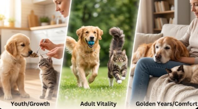 Three life stages of a Golden Retriever and a cat with captions, representing personalized pet care services and different phases of life."
