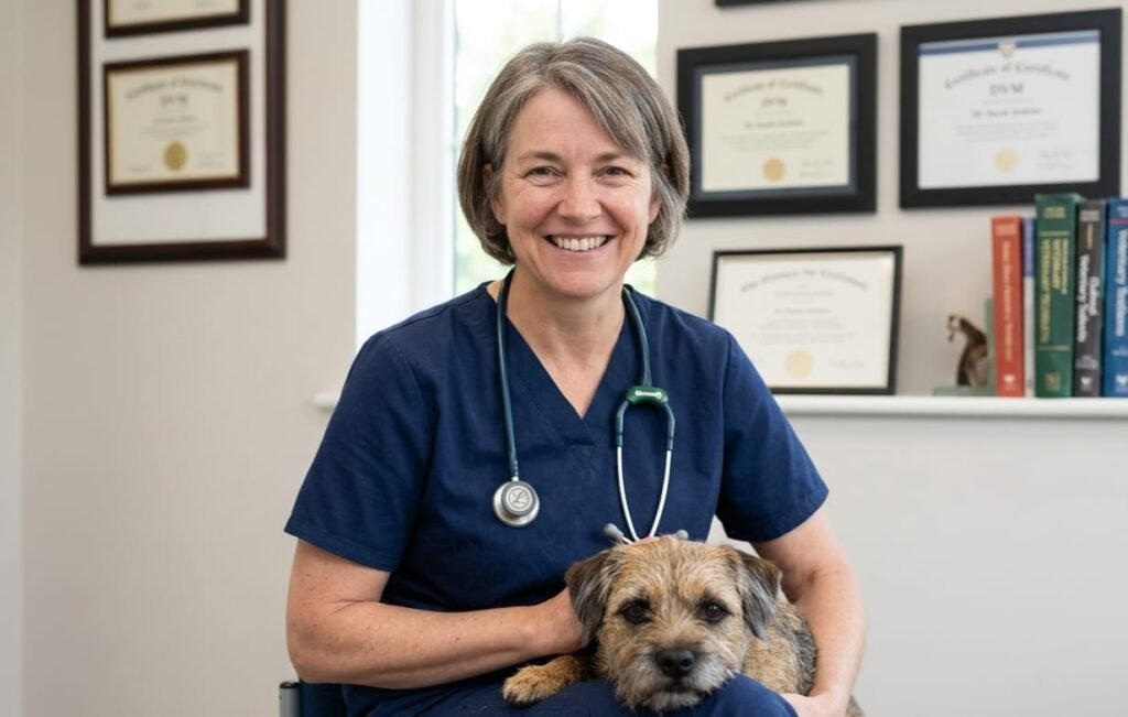 "Dr. Sarah Jenkins with a dog at PetDietHub clinic, specializing in **pet diet** solutions."