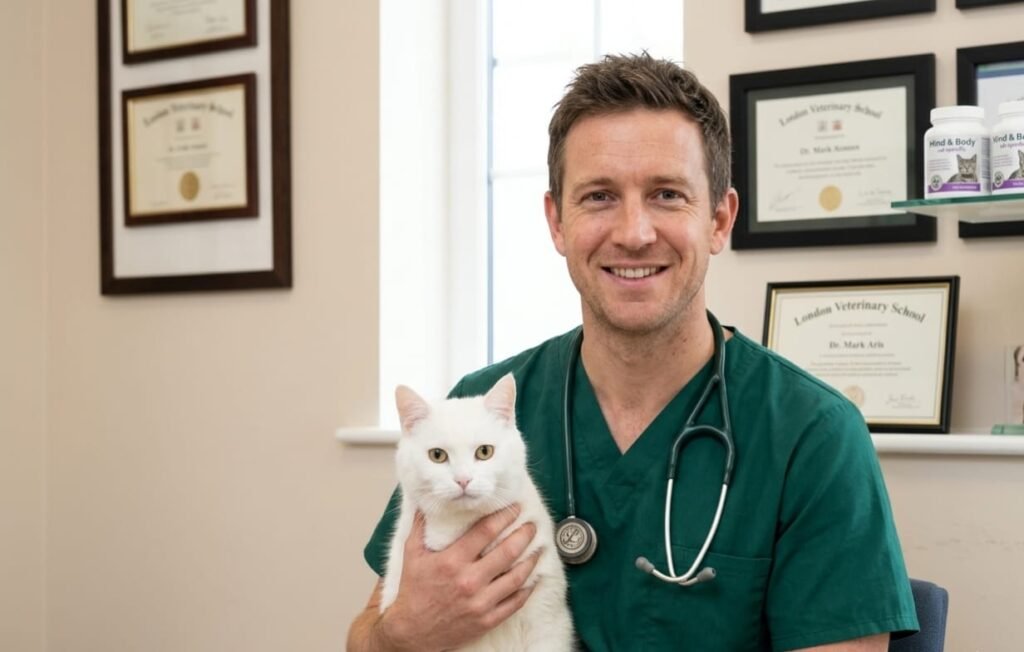 Dr. Mark Aris providing **personalized pet care services** to a white cat at PetDietHub