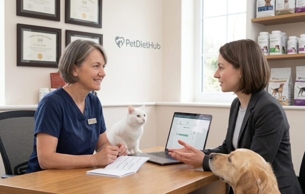 Dr. Sarah Jenkins conducting a professional **Online Pet Consultation** with a client and pets at PetDietHub