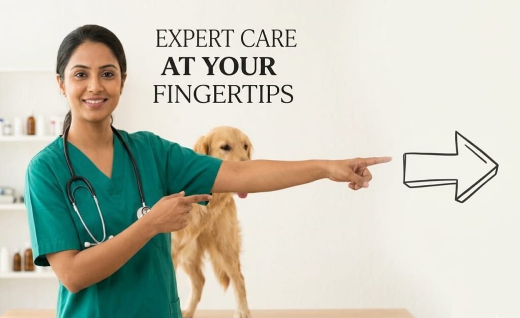 A professional female veterinarian with a golden retriever dog pointing to a contact form for online pet consultation services.