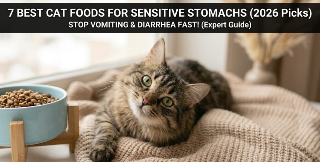 Happy tabby cat resting after eating the best cat food for sensitive stomach pet diet.