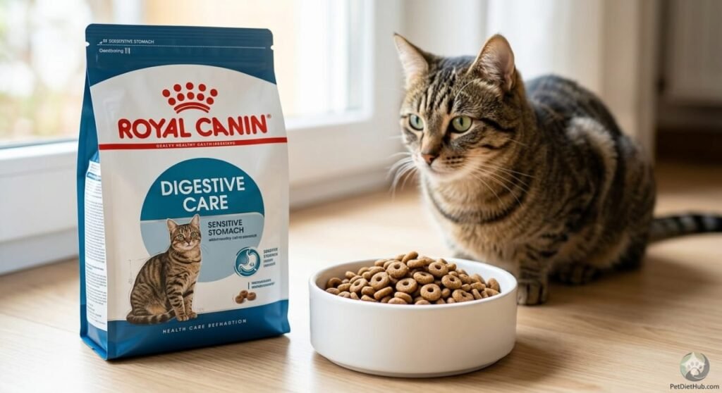 Royal Canin Digestive Care product bag and unique ring-shaped kibbles in a bowl, identified as the best cat food for sensitive stomach for a healthy pet diet."