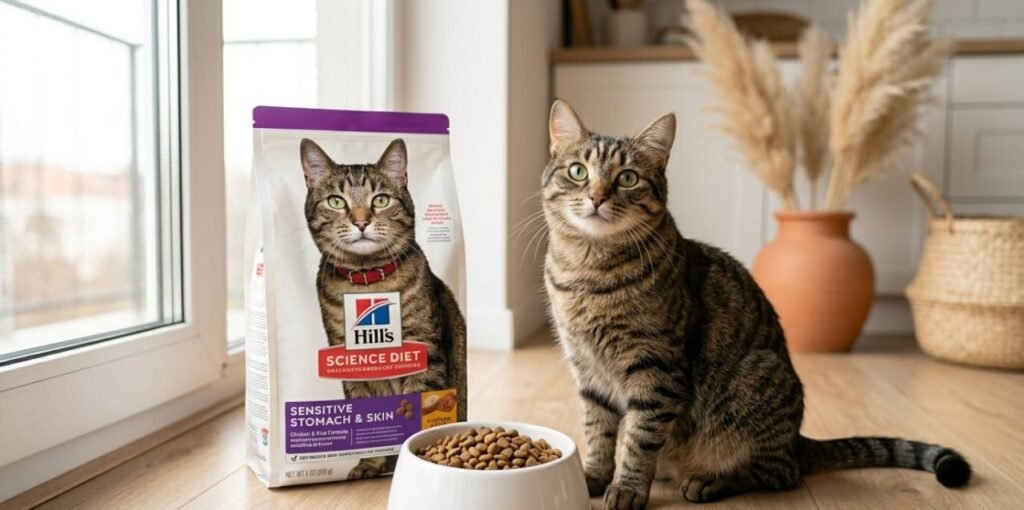 Hill's Science Diet Sensitive Stomach & Skin bag with a cat, rated as the best cat food for sensitive stomach for a healthy pet diet.