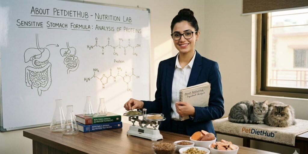 About PetDietHub - Smiling Pet Nutrition Lab Expert Analyzing Ingredients