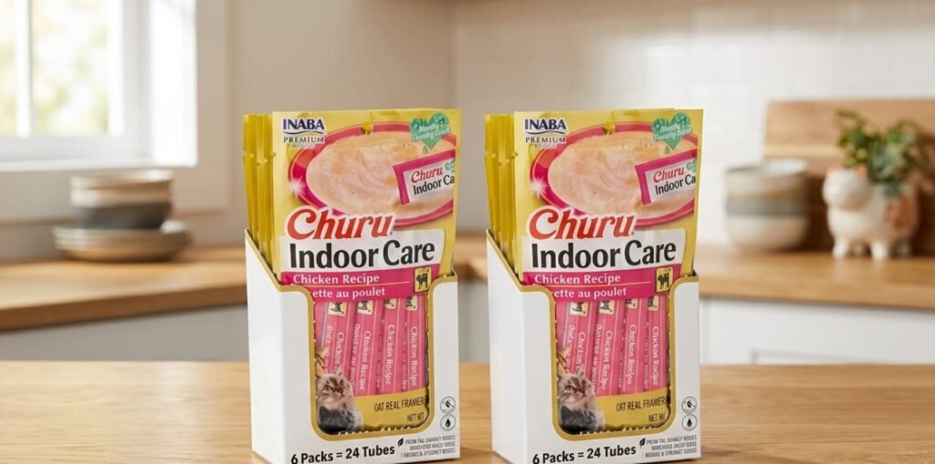 Inaba Churu Indoor Care Chicken Recipe cat treats in two 6-pack retail display boxes on a wooden surface with a kitchen background