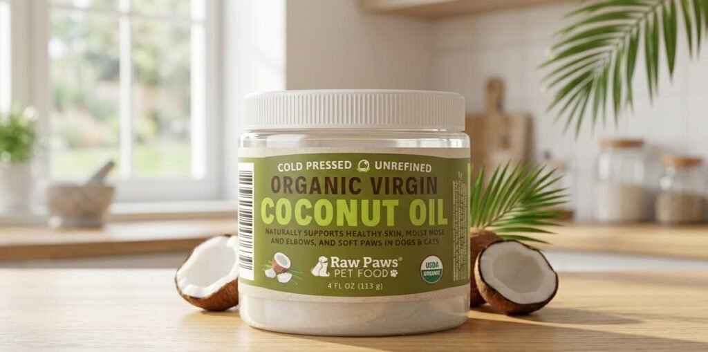 Raw Paws Virgin Organic Coconut Oil jar for cat skin and hairball care with a blurred modern kitchen background.