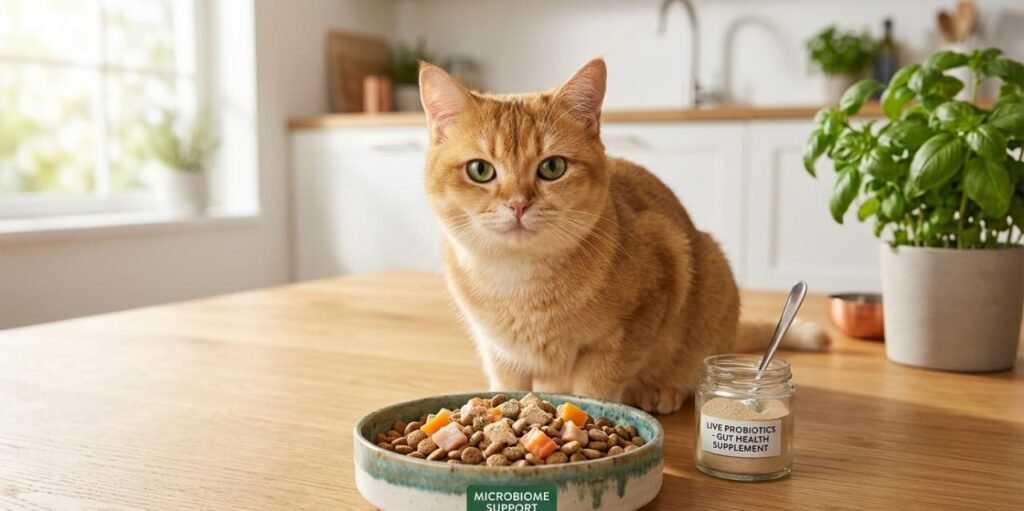 Best Probiotic Cat Food for Gut Health: A healthy cat with its owner and a bowl of high-protein food with supplements, showcasing a modern, effective pet diet for ultimate feline well-being.