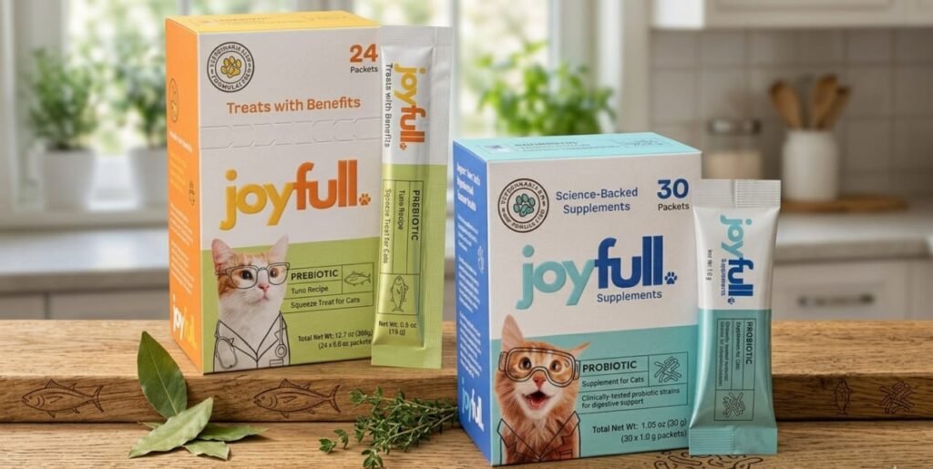 Best probiotic for cats for gut health - JoyFull Supplements and Treats for digestion.