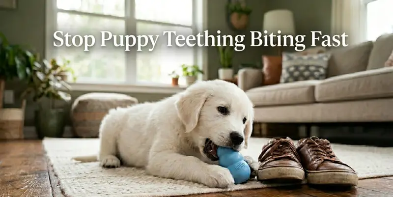 A beautiful close-up of a fluffy white puppy playfully biting a modern cream sleeve, showcasing how to stop puppy teething biting fast with high-end Pinterest aesthetic.