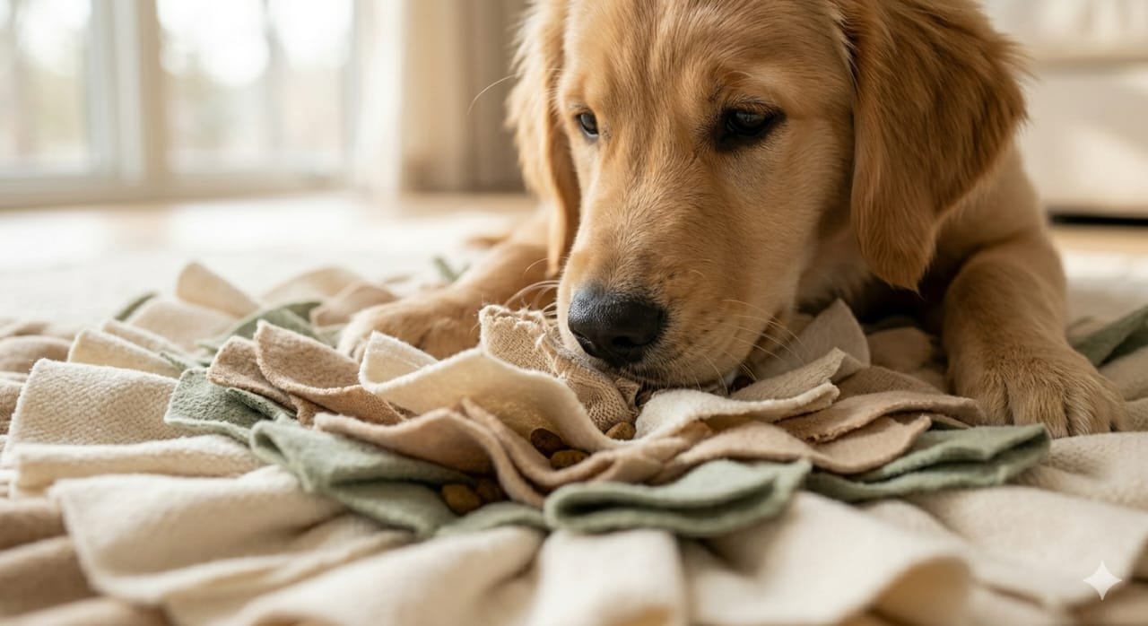 Advanced fabric interactive snuffle mat layout educating parents how to stop puppy teething biting fast with nose tracking.