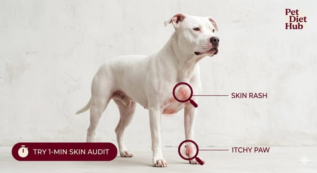 A white Pitbull with skin rash highlights, featuring a diagnostic graphic interface and text explaining the best dog food for pitbulls with skin allergies."
