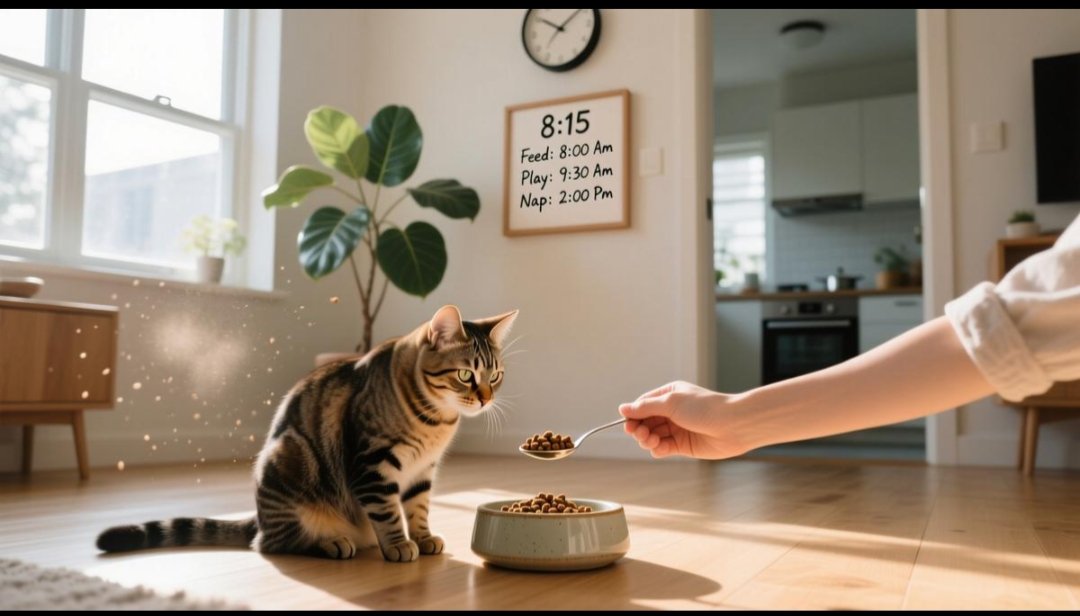 How often should I feed my cat - healthy cat eating from a food bowl